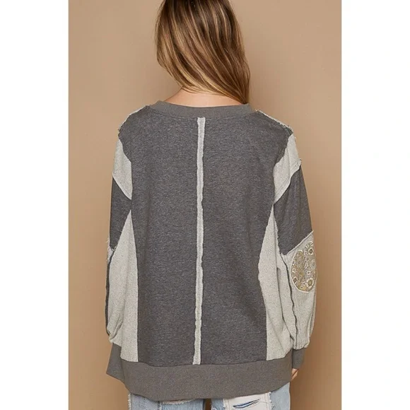 POL Charcoal Grey Graphic Sweatshirt | French Terry Color Block LOVE Pullover - Picture 4 of 6